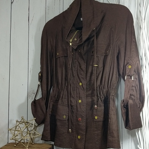 Cache Brown Linen Lightweight Fall Jacket Gold Accents XS Quiet Luxury Rich NWT - Picture 3 of 16